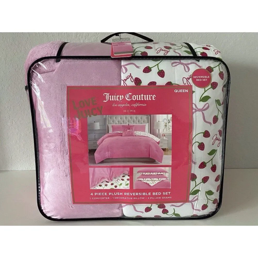 4 Pc Juicy Couture QUEEN Reversible Comforter Set Plush Pink Strawberries & Bows